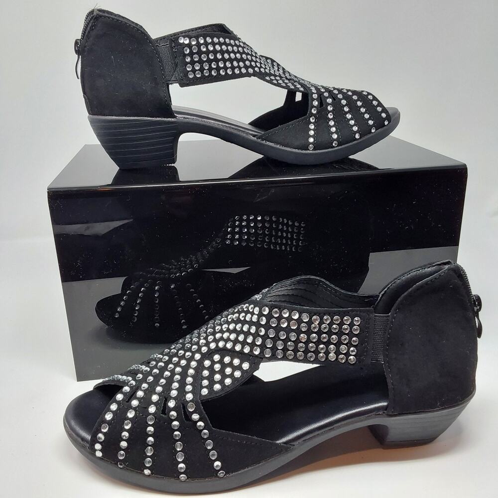 Women's Rhinestone Dress Sandals Black Open Toe Low Heel Size EU 41 US 10
